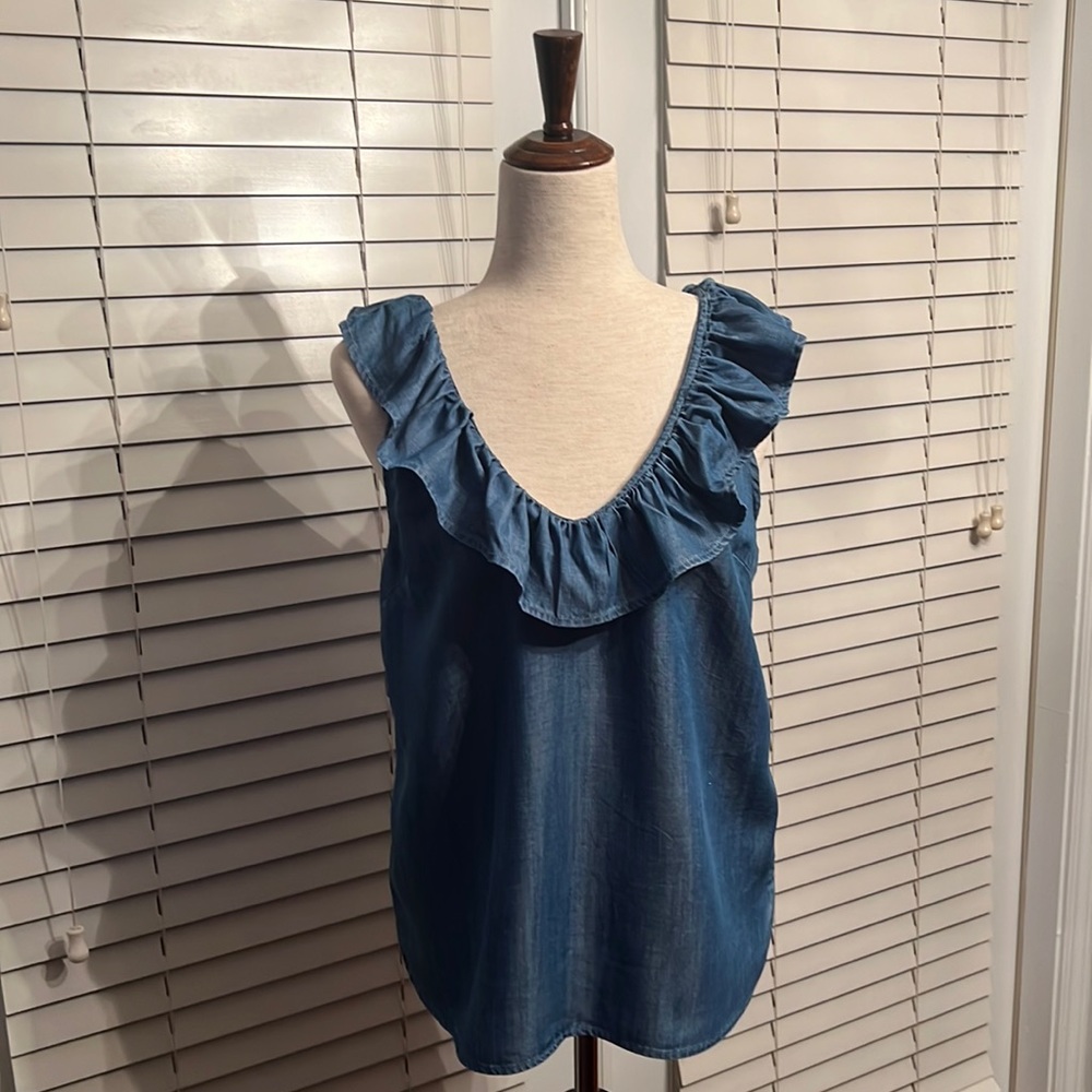 Blue Rain Sleeveless Ruffle Denim Blouse